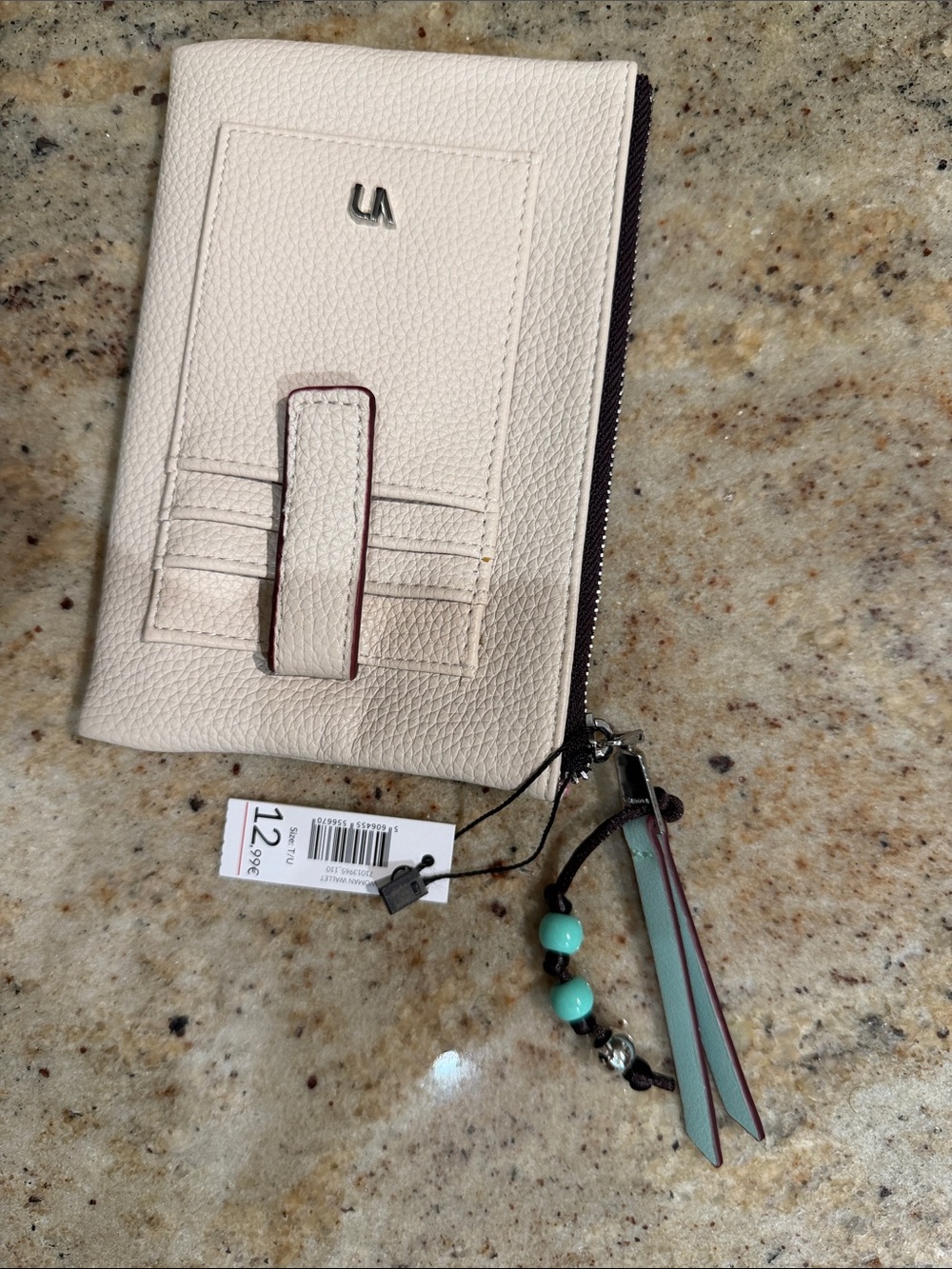 Cream Zip Card Holder Wristlet with Beaded Tassel Charm